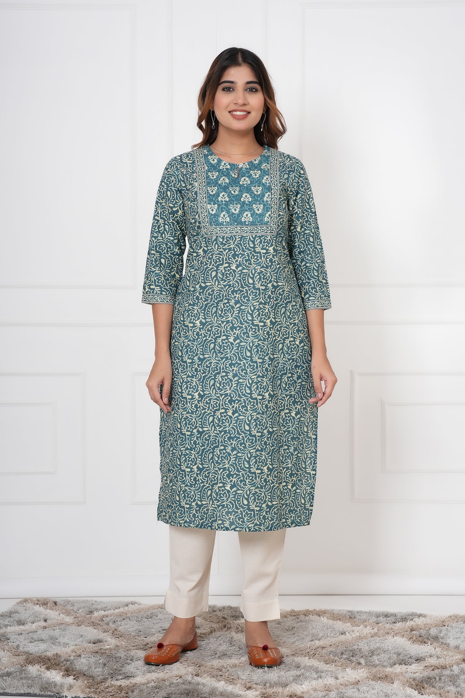 Traditional Bagru Hand Block Printed Kurti (Seaweed, Geometry)