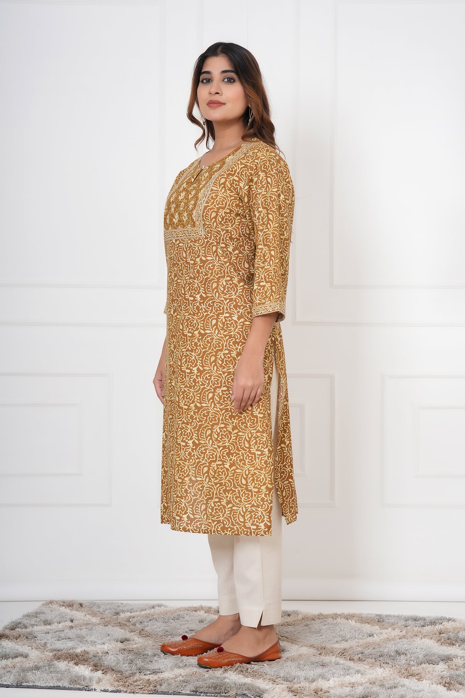 Traditional Bagru Hand Block Printed Kurti (Yellow, Geometry)