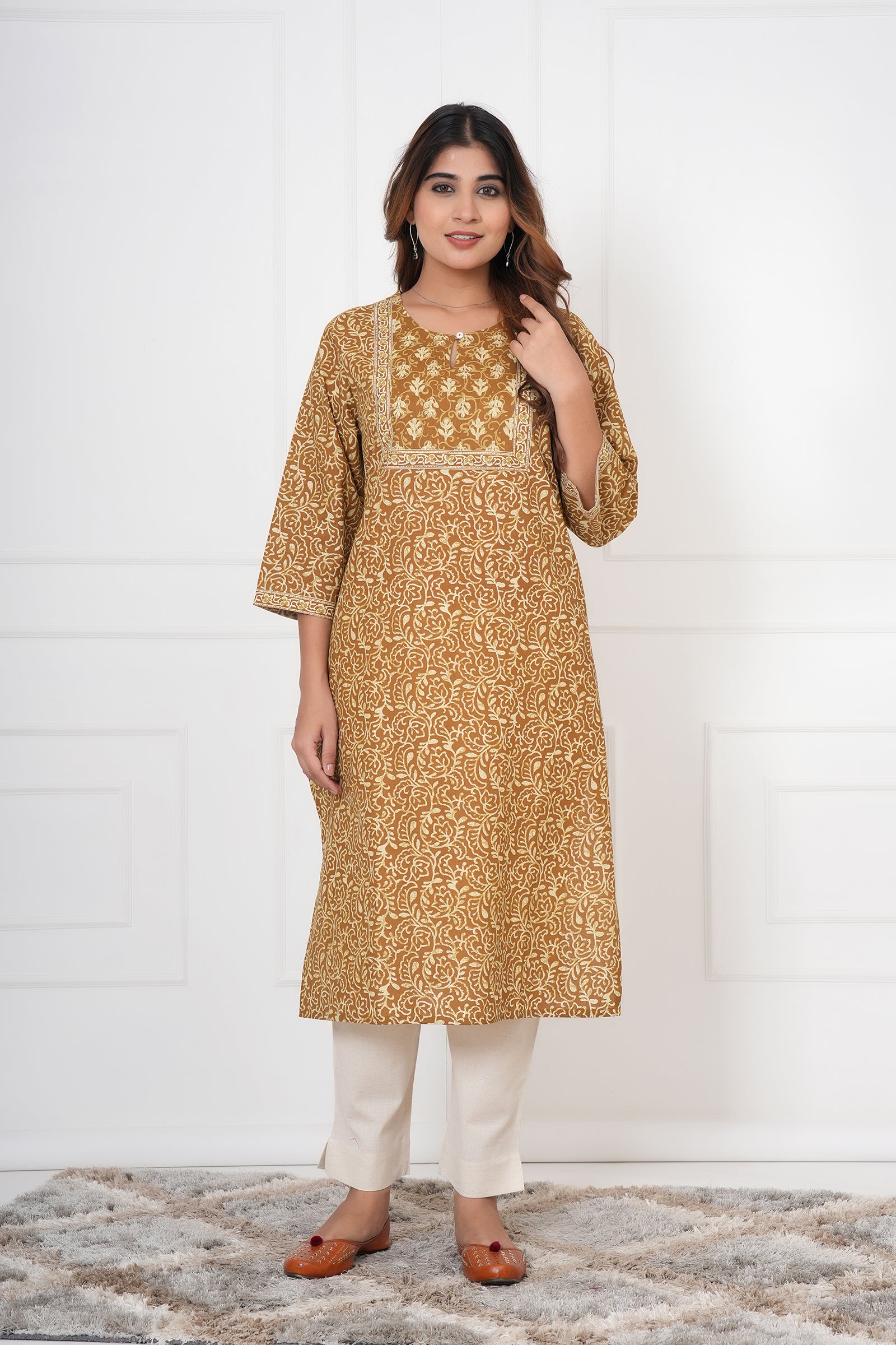 Traditional Bagru Hand Block Printed Kurti (Yellow, Geometry)