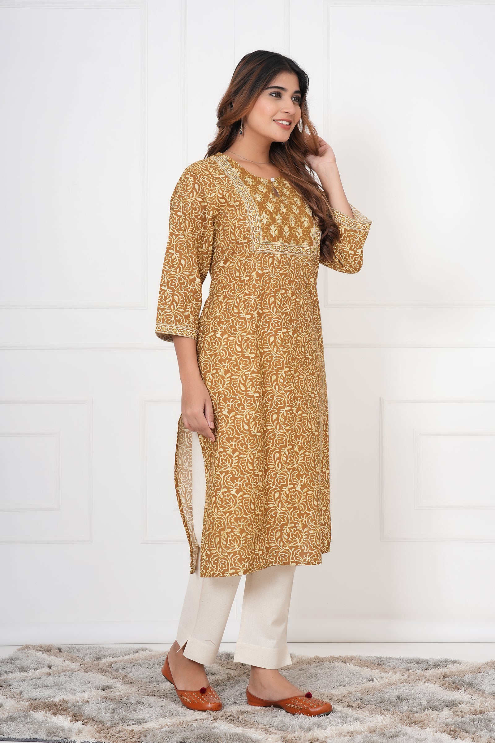 Traditional Bagru Hand Block Printed Kurti (Yellow, Geometry)