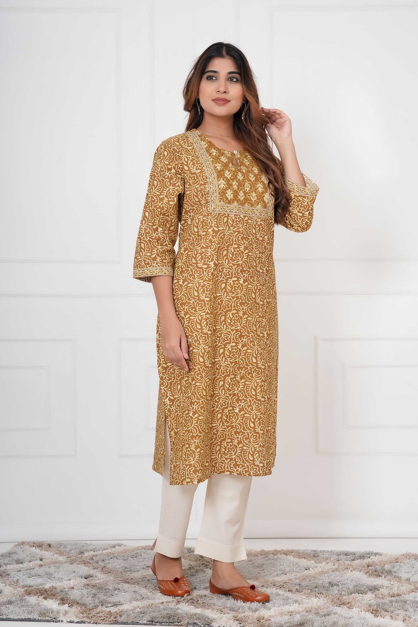 Traditional Bagru Hand Block Printed Kurti (Yellow, Geometry)