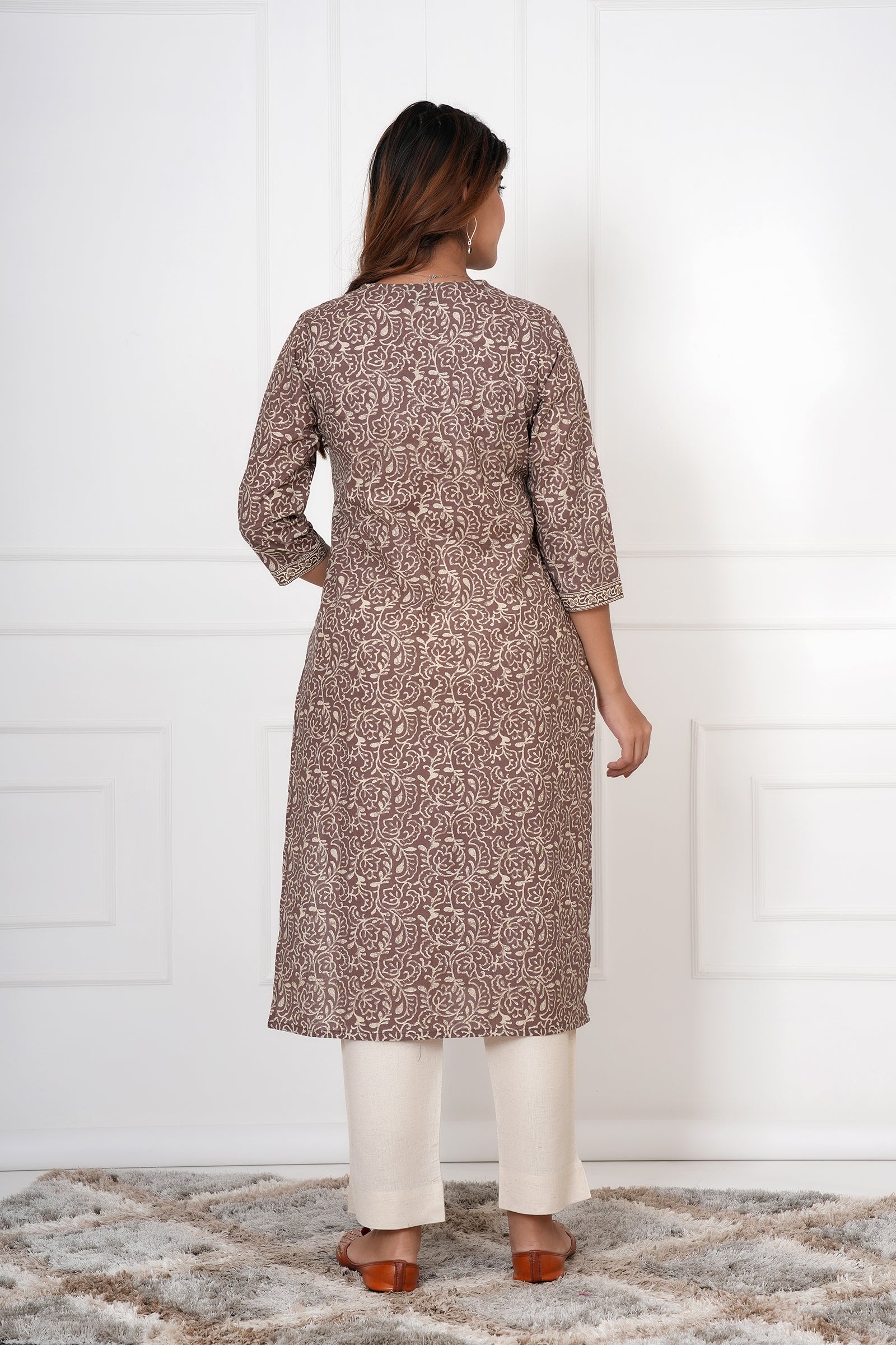 Traditional Bagru Hand Block Printed Kurti (Brown, Geometry)