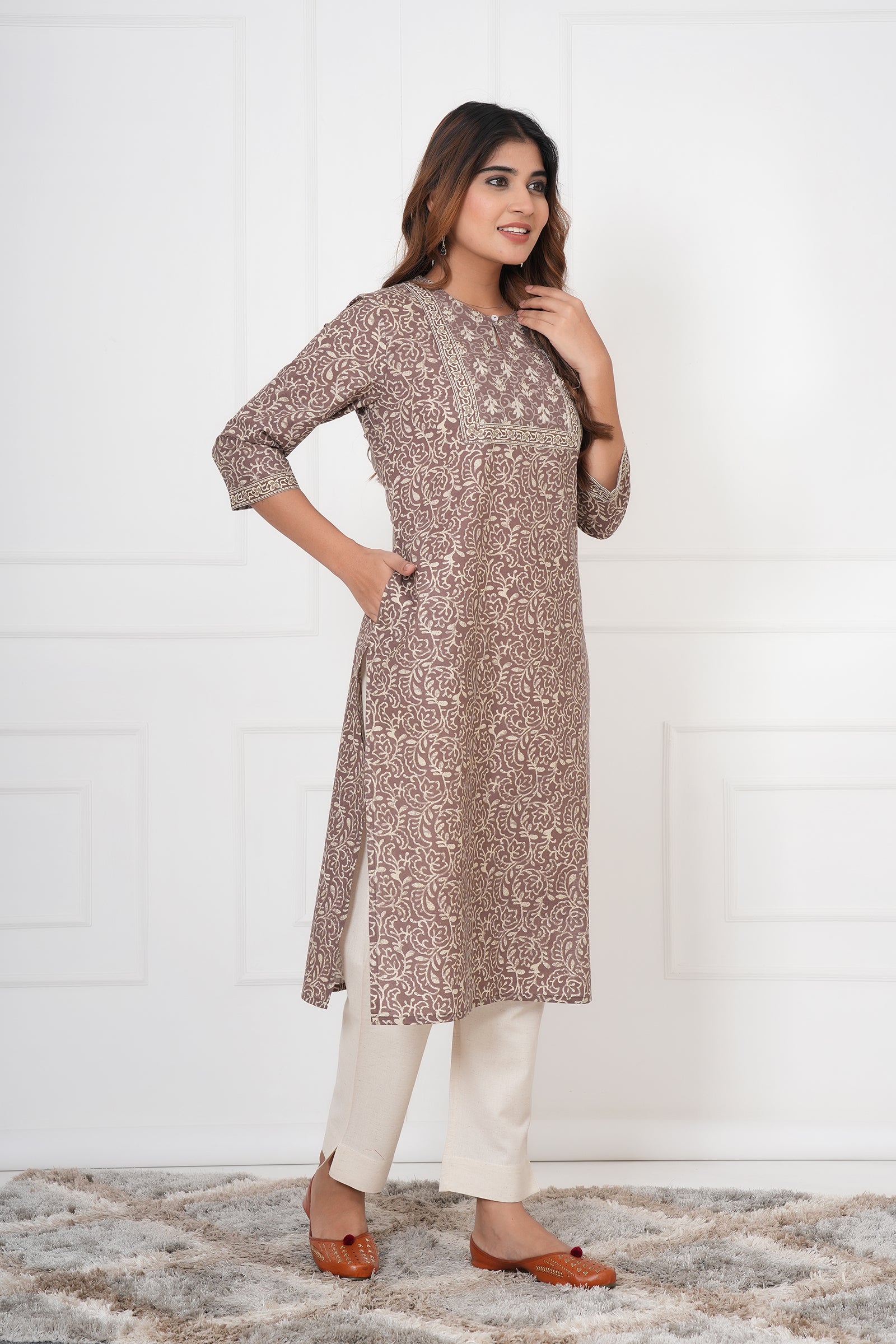 Traditional Bagru Hand Block Printed Kurti (Brown, Geometry)