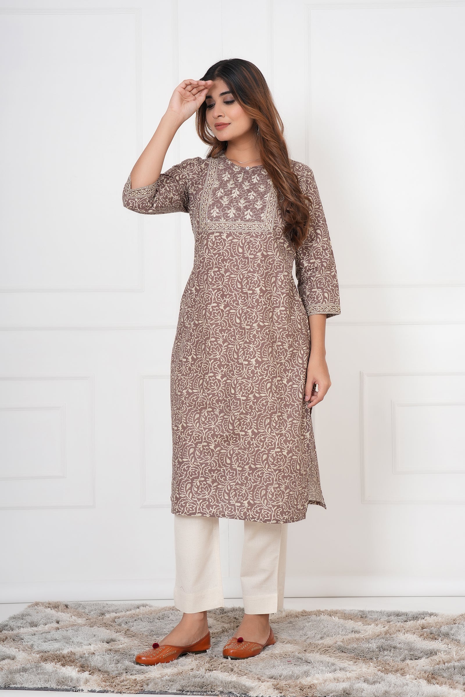 Traditional Bagru Hand Block Printed Kurti (Brown, Geometry)