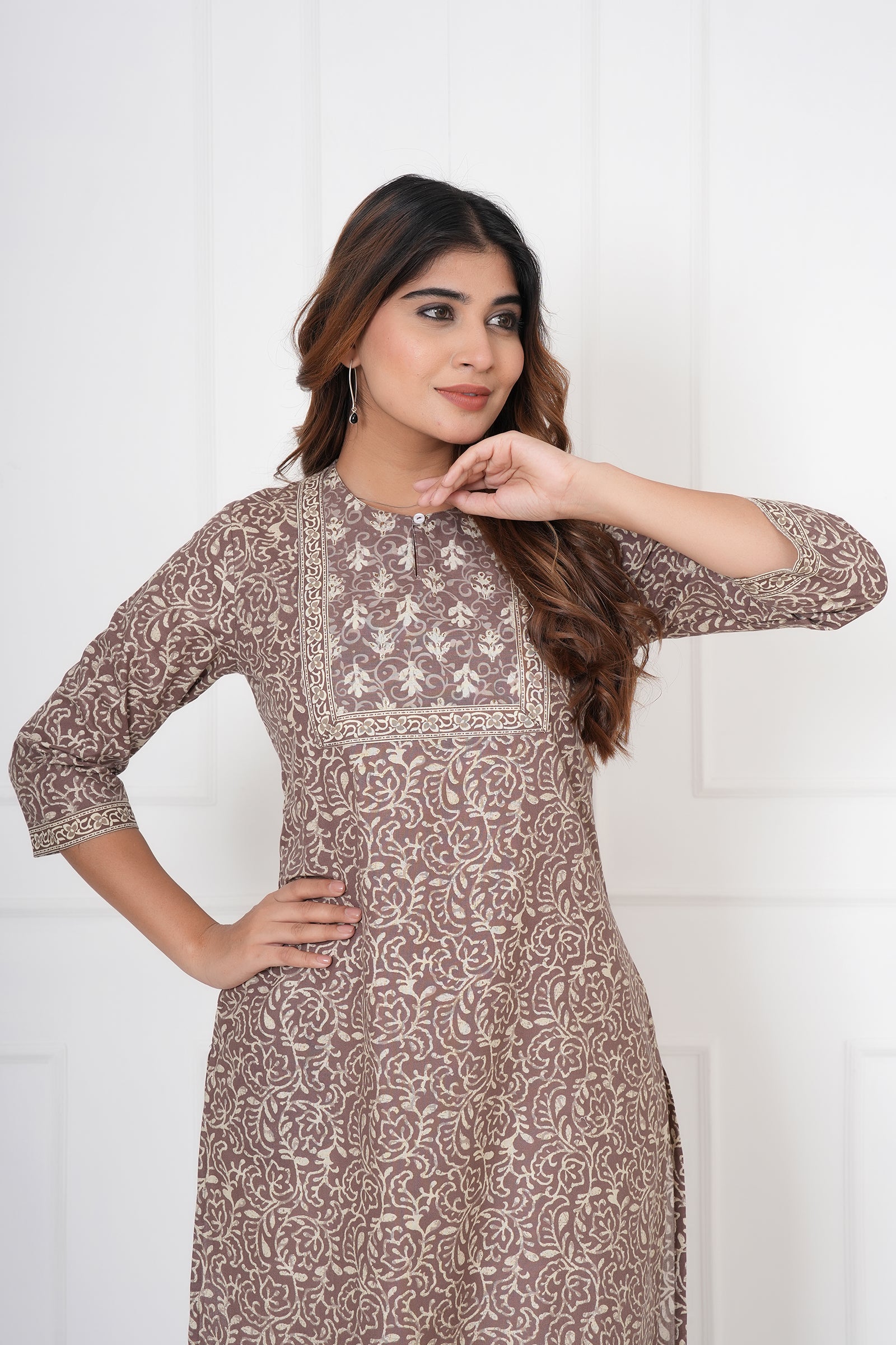 Traditional Bagru Hand Block Printed Kurti (Brown, Geometry)