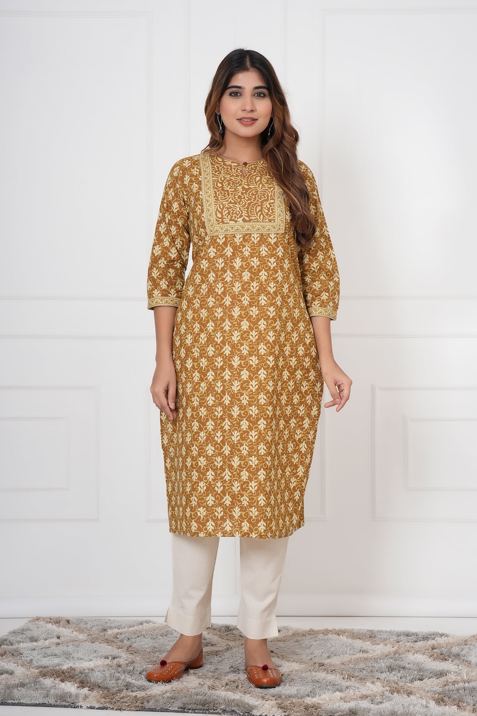 Traditional Bagru Hand Block Printed Kurti (Yellow, Floral)