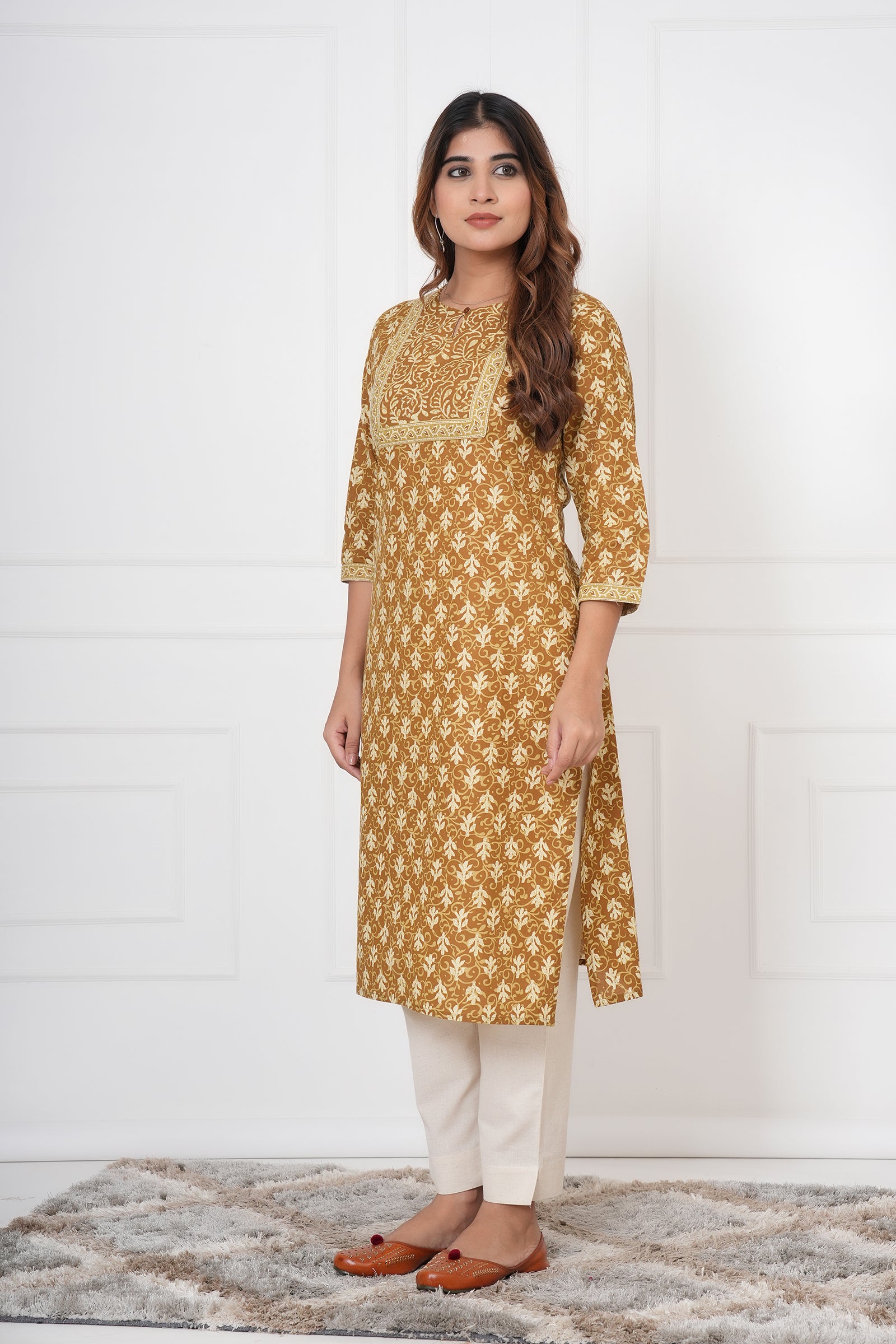 Traditional Bagru Hand Block Printed Kurti (Yellow, Floral)