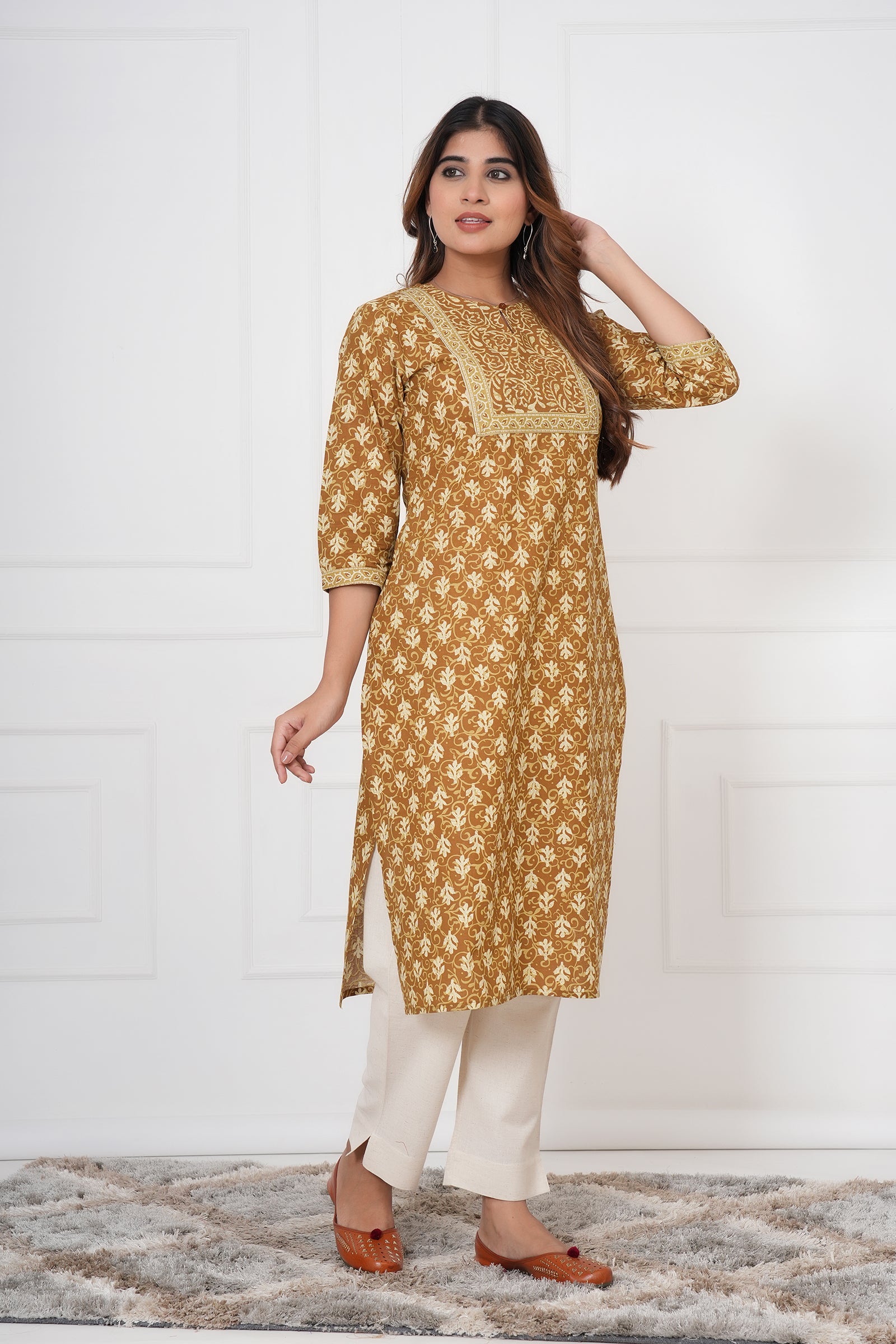 Traditional Bagru Hand Block Printed Kurti (Yellow, Floral)