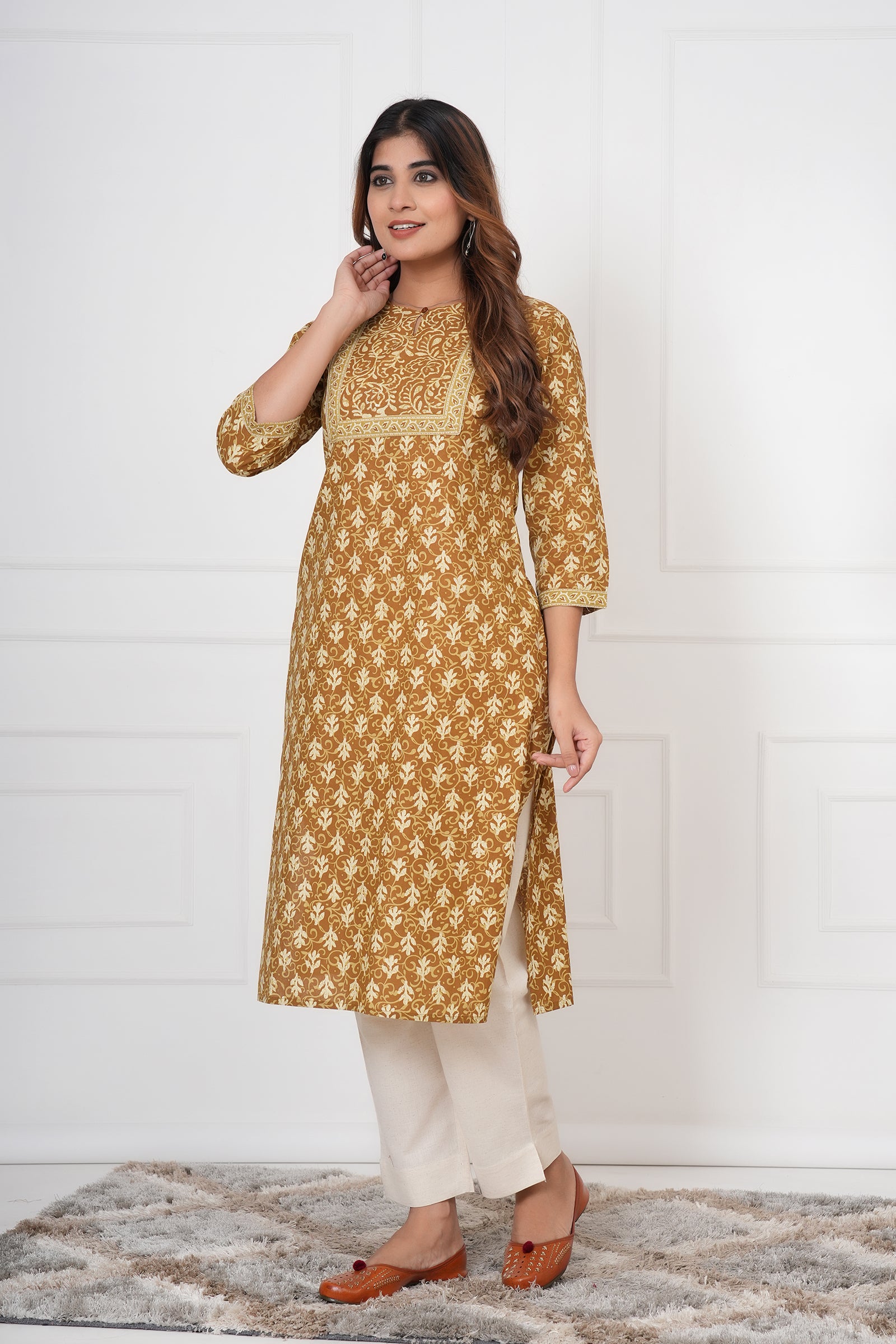 Traditional Bagru Hand Block Printed Kurti (Yellow, Floral)