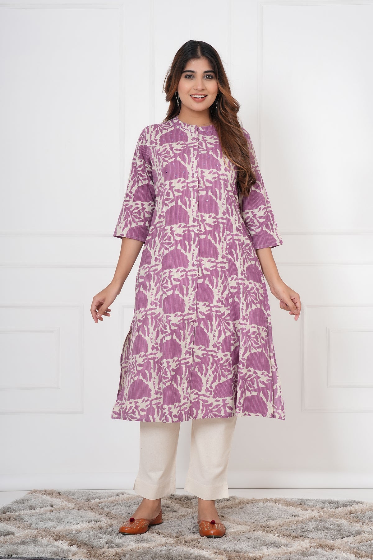 Floral Themed Kantha Stitch Traditional Flower Printed Kurti for Women - Purple