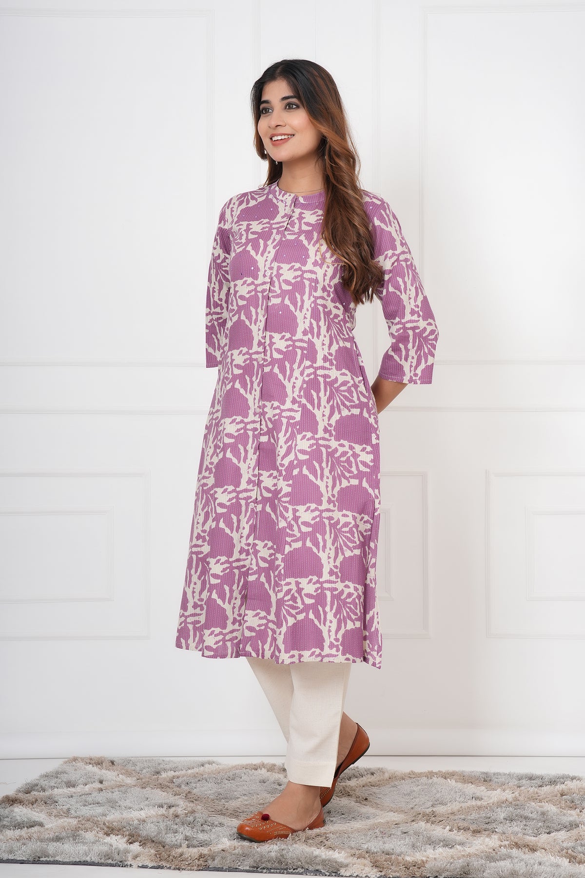 Floral Themed Kantha Stitch Traditional Flower Printed Kurti for Women - Purple