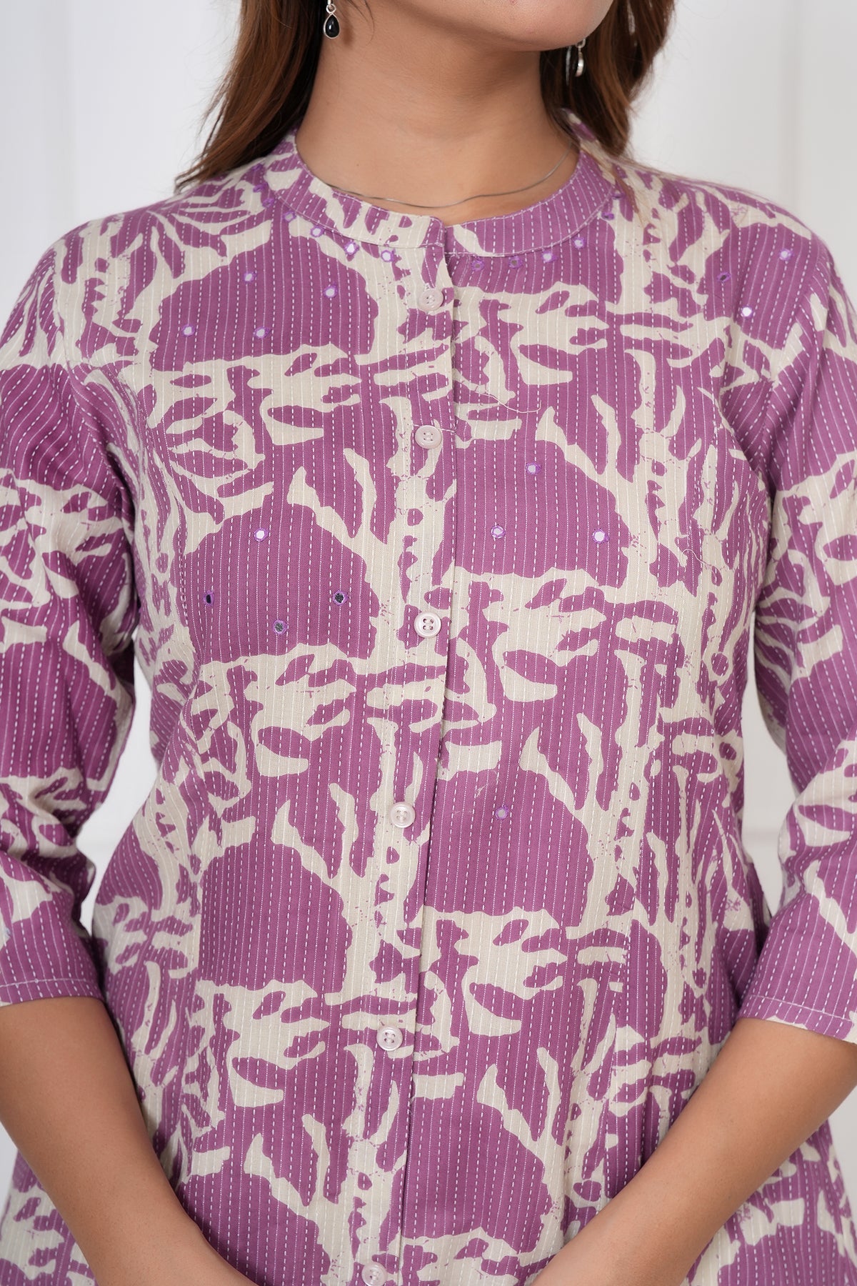 Floral Themed Kantha Stitch Traditional Flower Printed Kurti for Women - Purple
