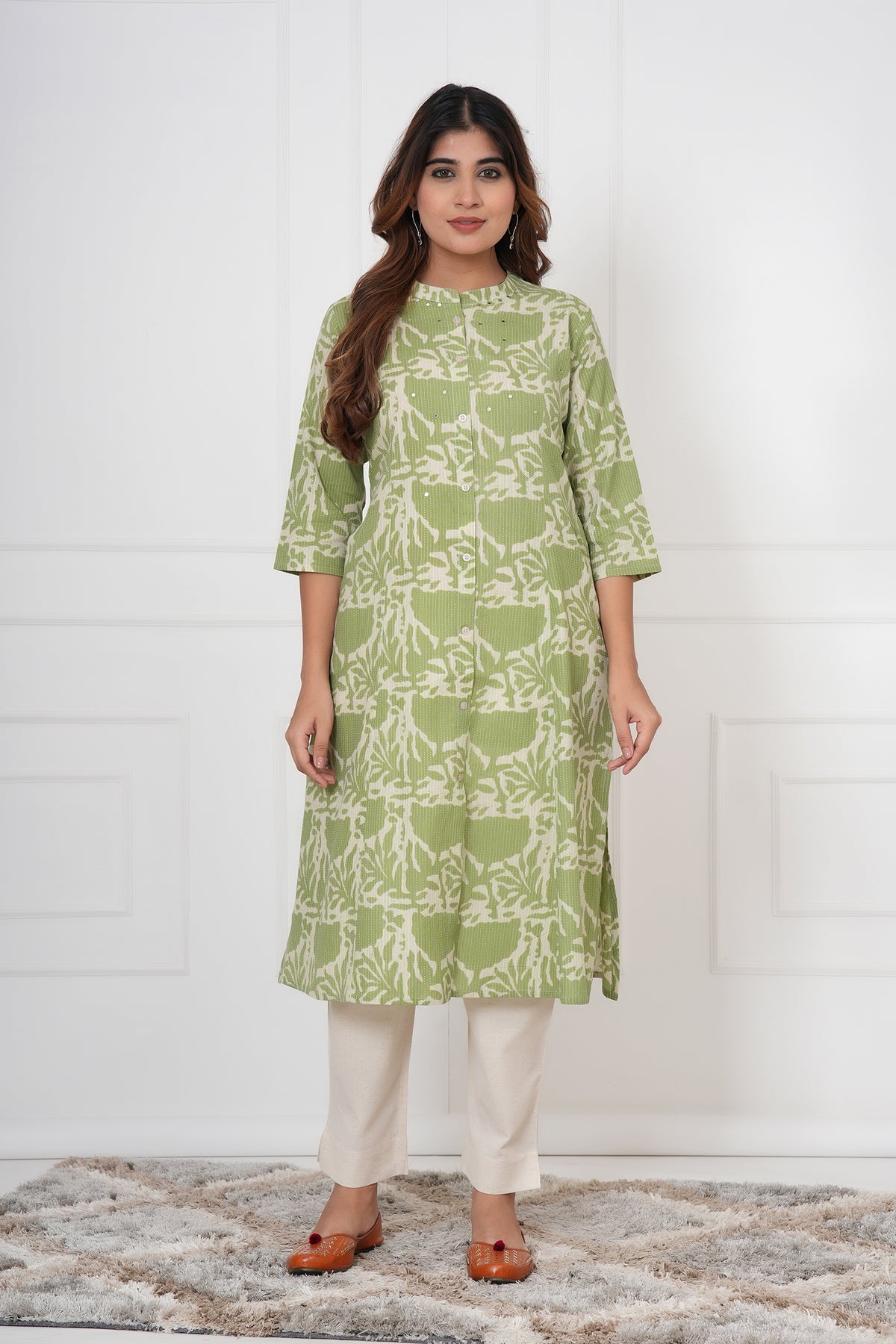 Floral Themed Kantha Stitch Traditional Flower Printed Kurti for Women - Light Green