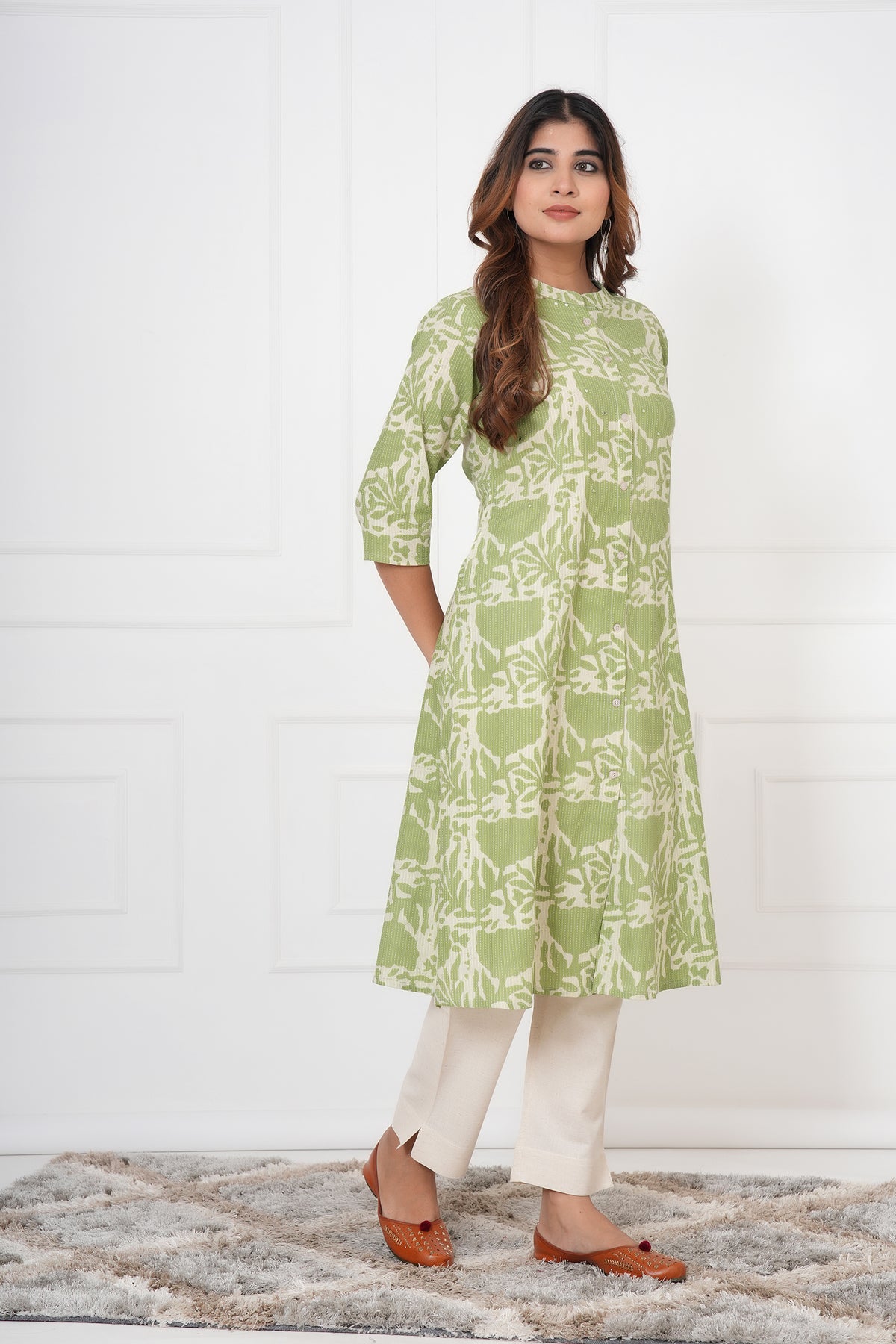 Floral Themed Kantha Stitch Traditional Flower Printed Kurti for Women - Light Green