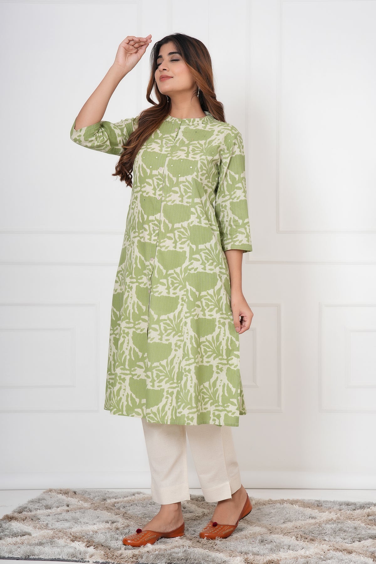 Floral Themed Kantha Stitch Traditional Flower Printed Kurti for Women - Light Green