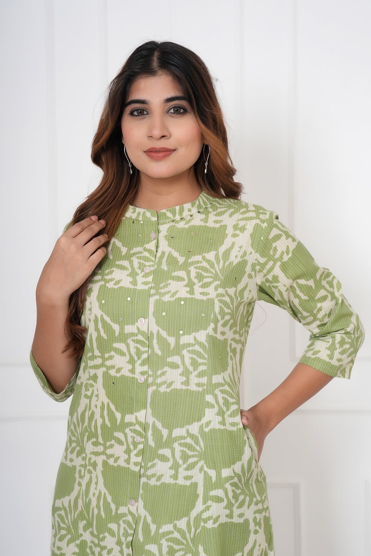 Floral Themed Kantha Stitch Traditional Flower Printed Kurti for Women - Light Green