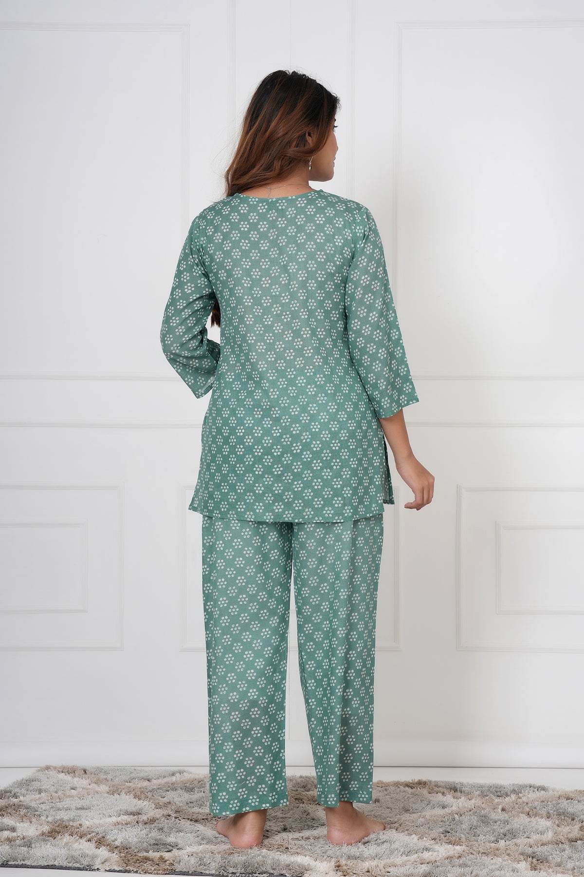 Dot Block Printed V-Neck Night Suit Set with Top & Pajama Pants - Sage Green