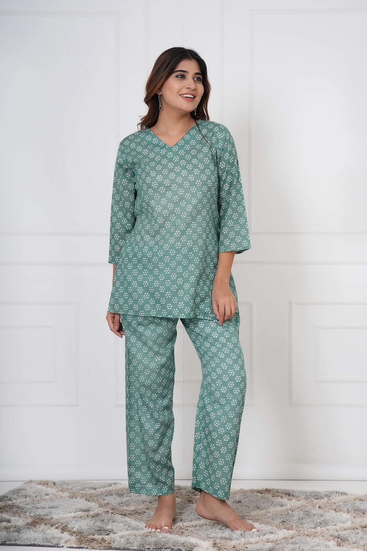 Dot Block Printed V-Neck Night Suit Set with Top & Pajama Pants - Sage Green