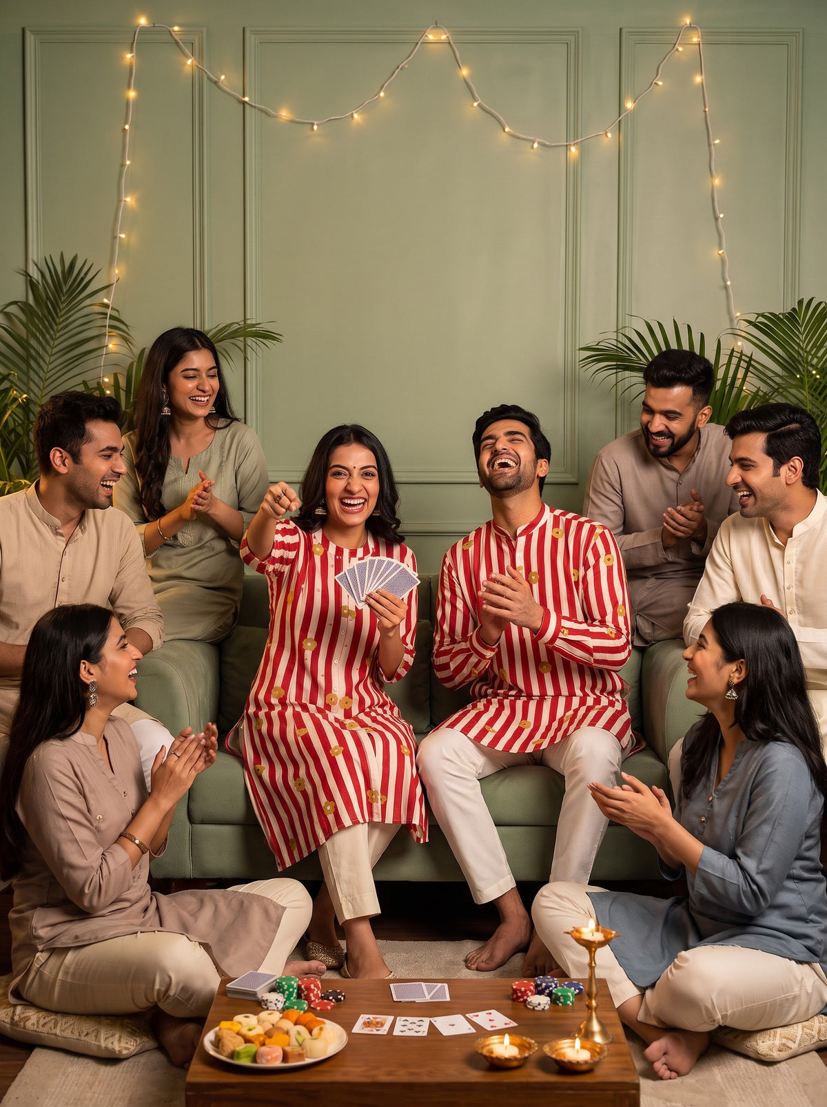 Red and White Striped Floral Jodi couple with party guests