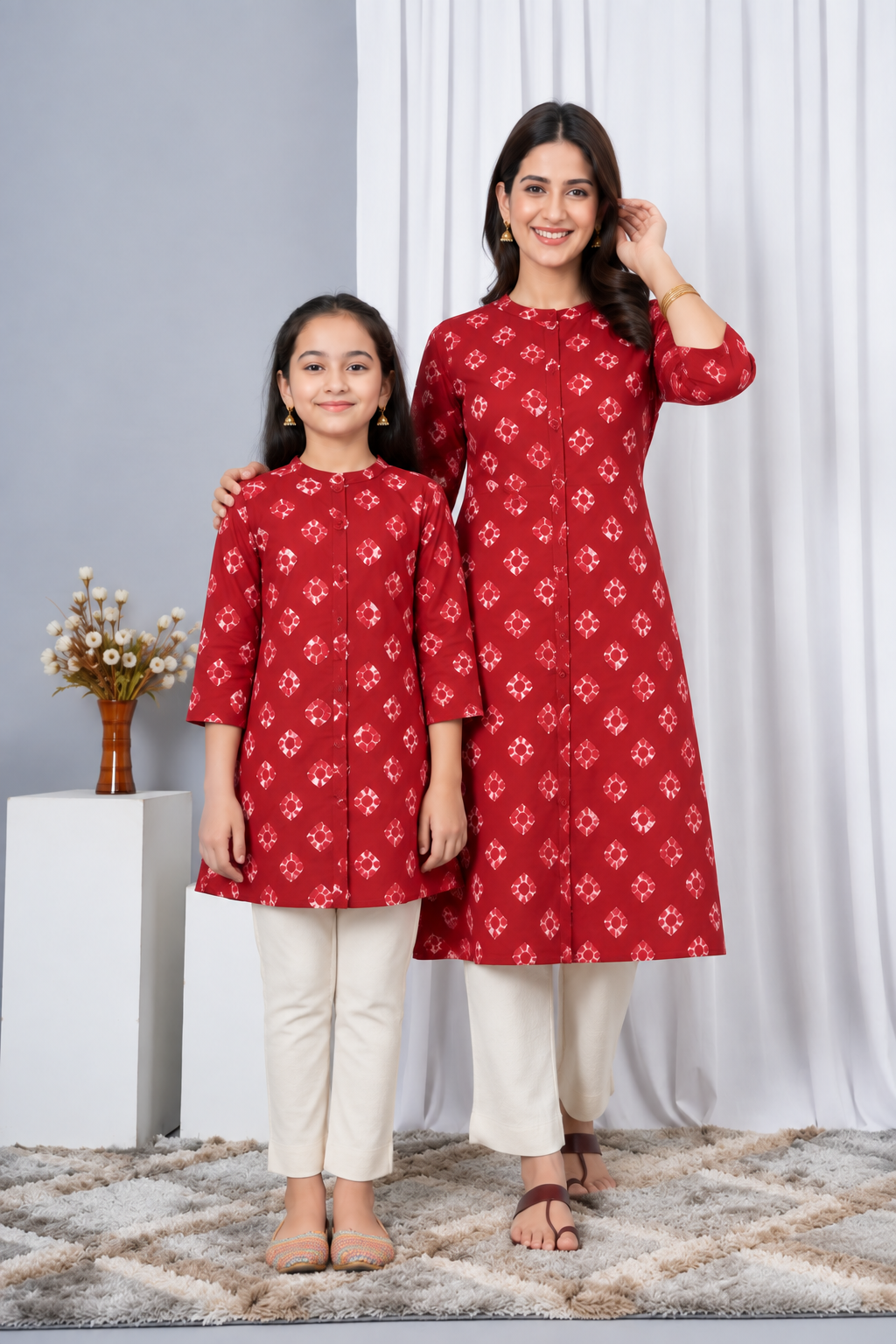 Charming Geometric Floral Printed Kurti With Button In vibrant Cherry Red For Maa Beti Duo