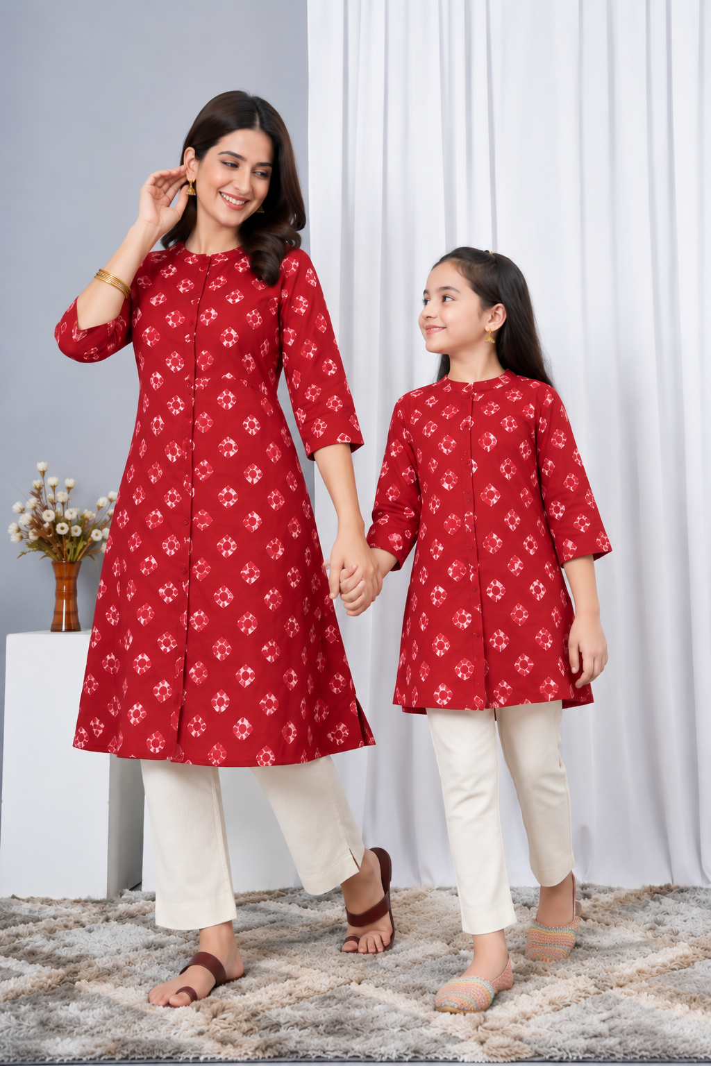 Charming Geometric Floral Printed Kurti With Button In vibrant Cherry Red For Maa Beti Duo