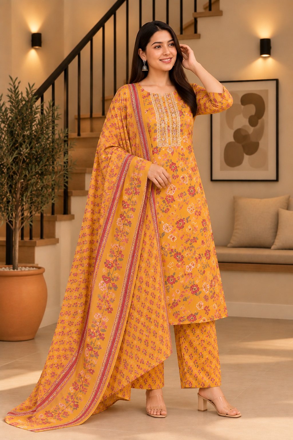 Everyday Comfort Floral Motifs And Lace accents Vibrant Mustard-Yellow Printed 3-Piece Kurti Set