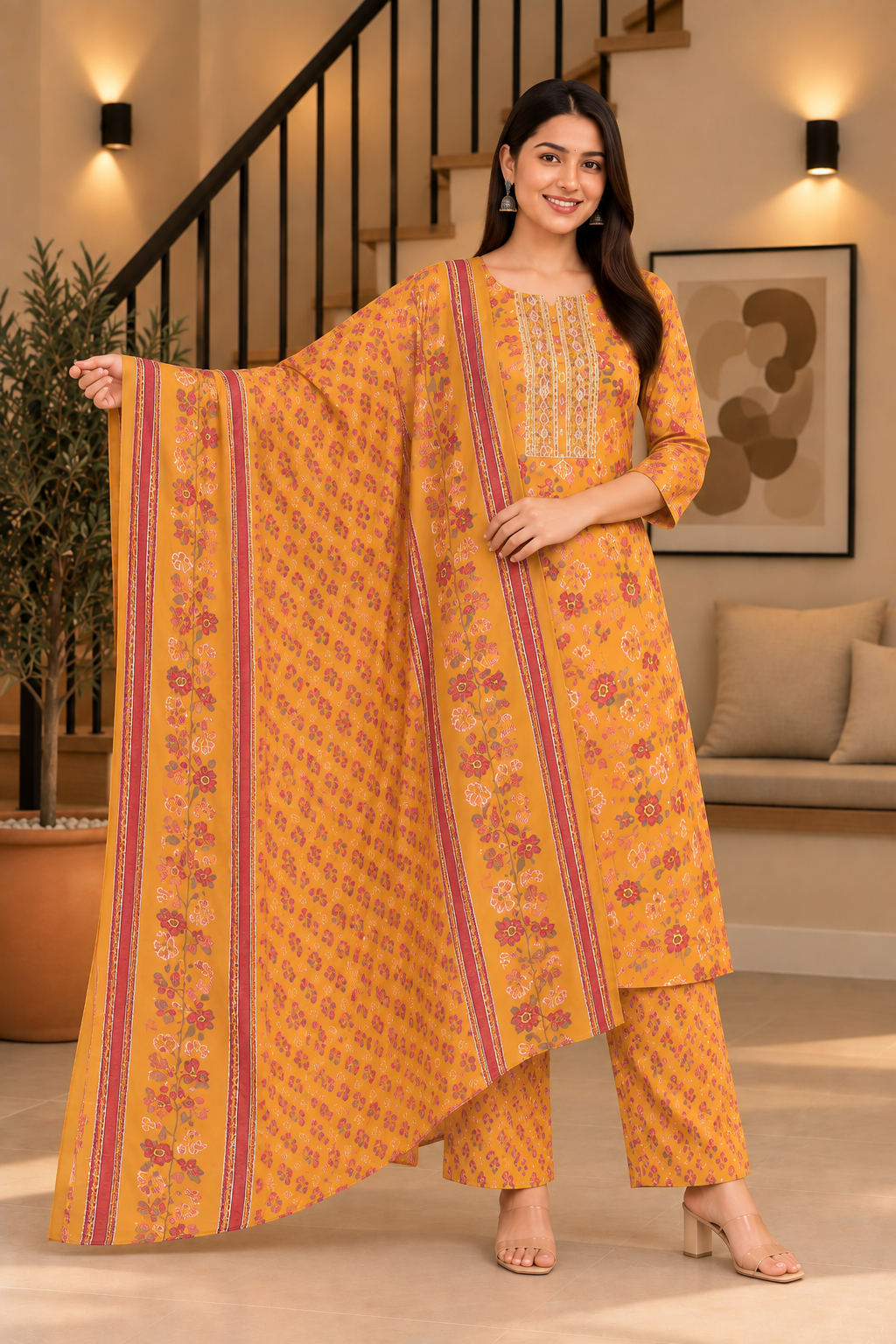Everyday Comfort Floral Motifs And Lace accents Vibrant Mustard-Yellow Printed 3-Piece Kurti Set