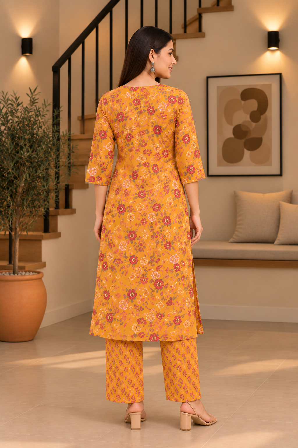 Everyday Comfort Floral Motifs And Lace accents Vibrant Mustard-Yellow Printed 3-Piece Kurti Set