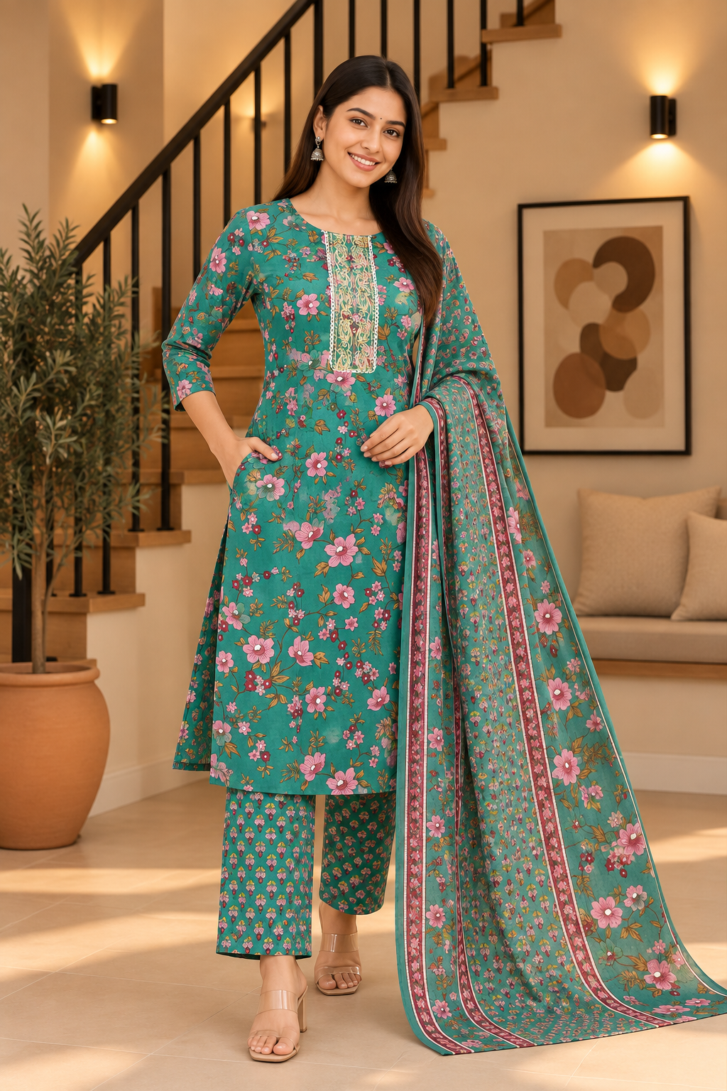 Everyday Comfort Floral Motifs And Lace accents Printed 3-Piece Kurti Set Green