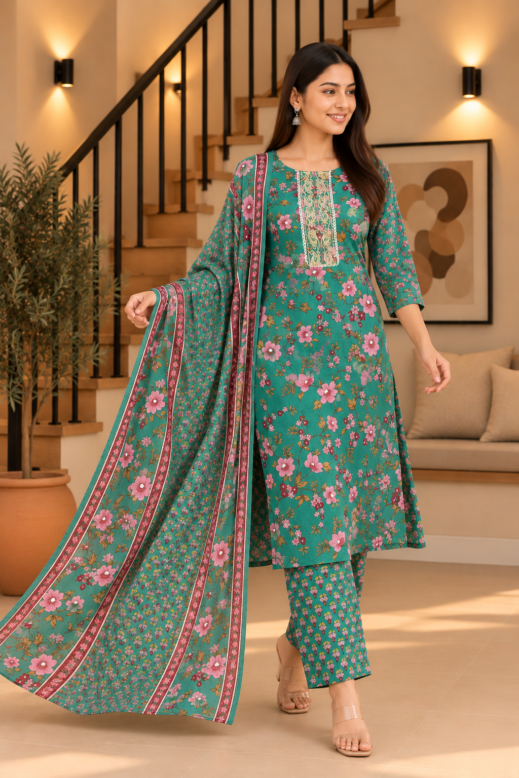 Everyday Comfort Floral Motifs And Lace accents Printed 3-Piece Kurti Set Green