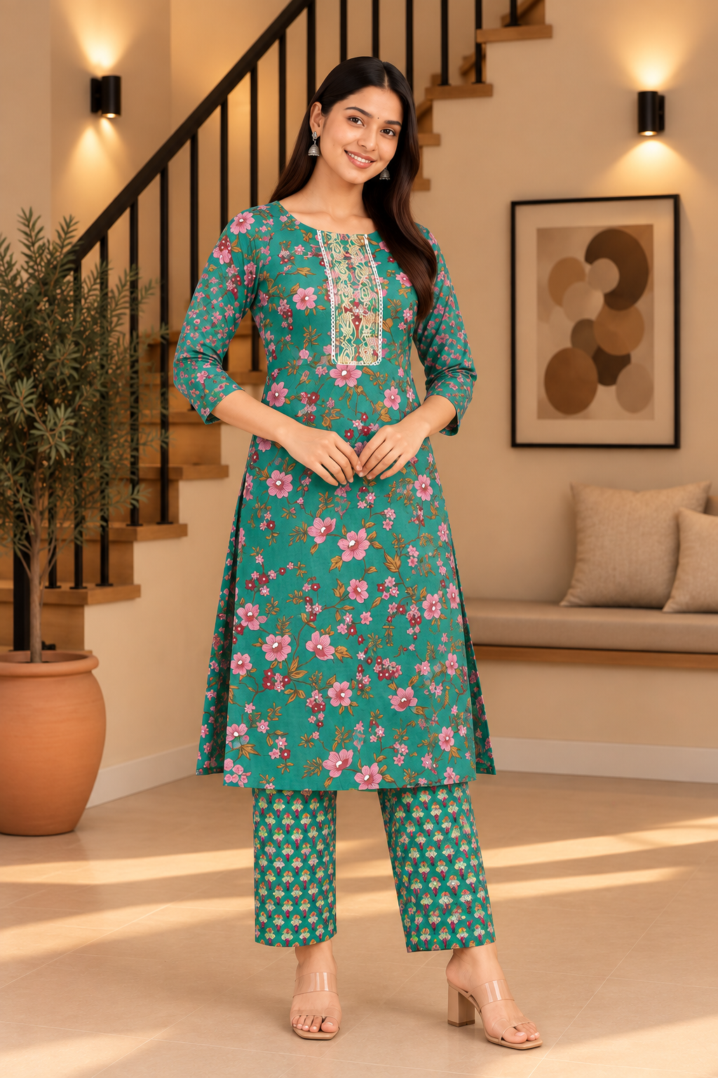 Everyday Comfort Floral Motifs And Lace accents Printed 3-Piece Kurti Set Green