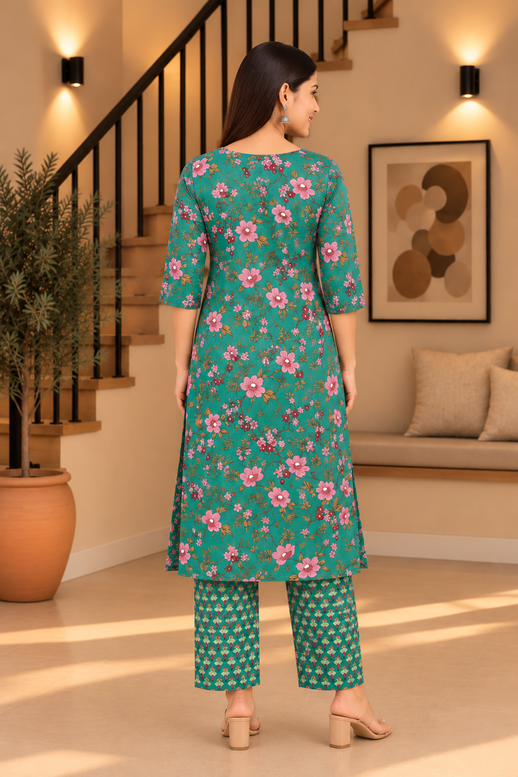 Everyday Comfort Floral Motifs And Lace accents Printed 3-Piece Kurti Set Green
