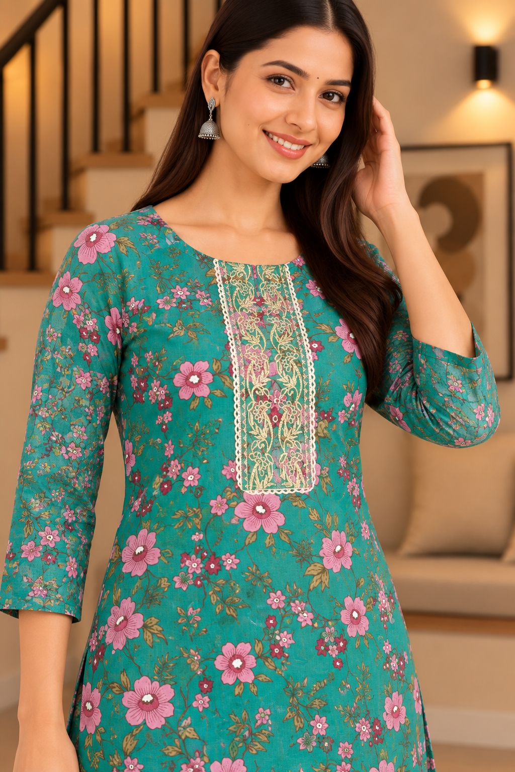 Everyday Comfort Floral Motifs And Lace accents Printed 3-Piece Kurti Set Green