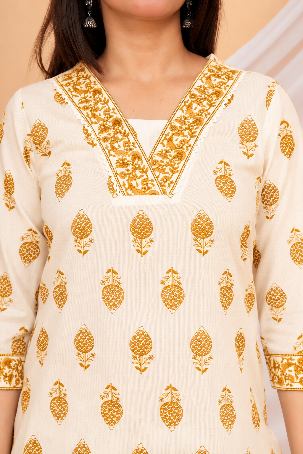 Beautifully Embellished Neckline With Traditional Motif Printed 3-Piece Kurti Set