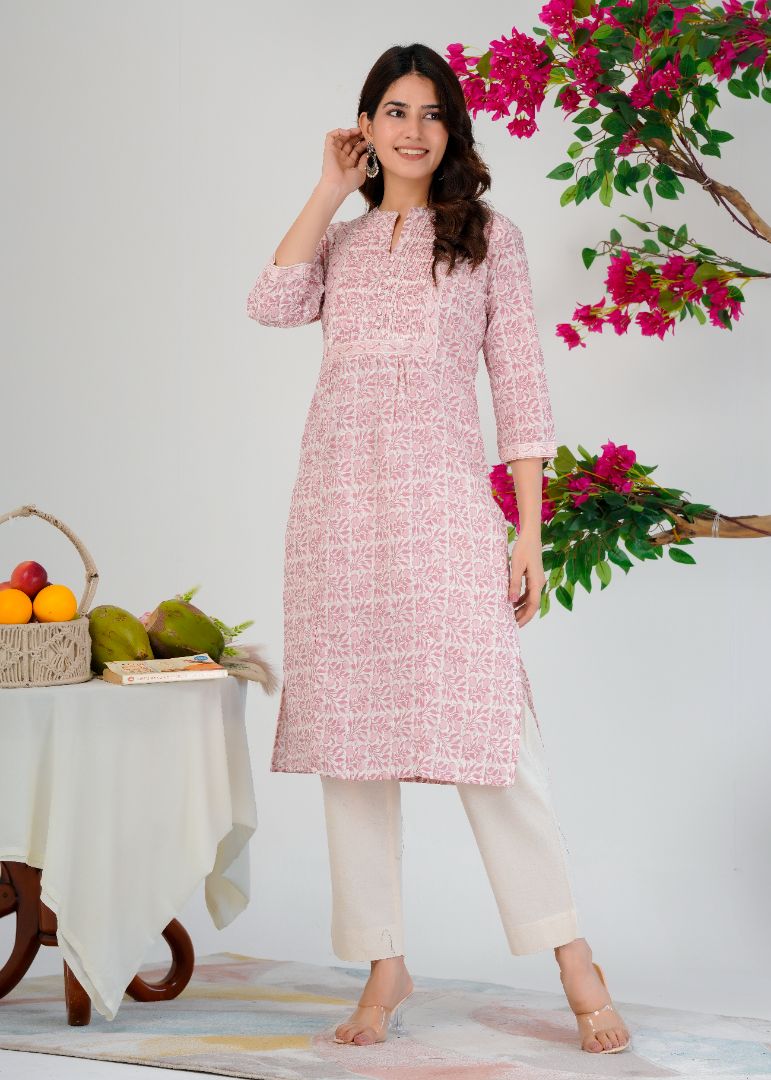 Traditional Printed Kurti for Women With Stylish Potli Buttons-Pink