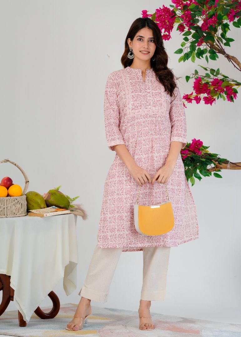 Traditional Printed Kurti for Women With Stylish Potli Buttons-Pink