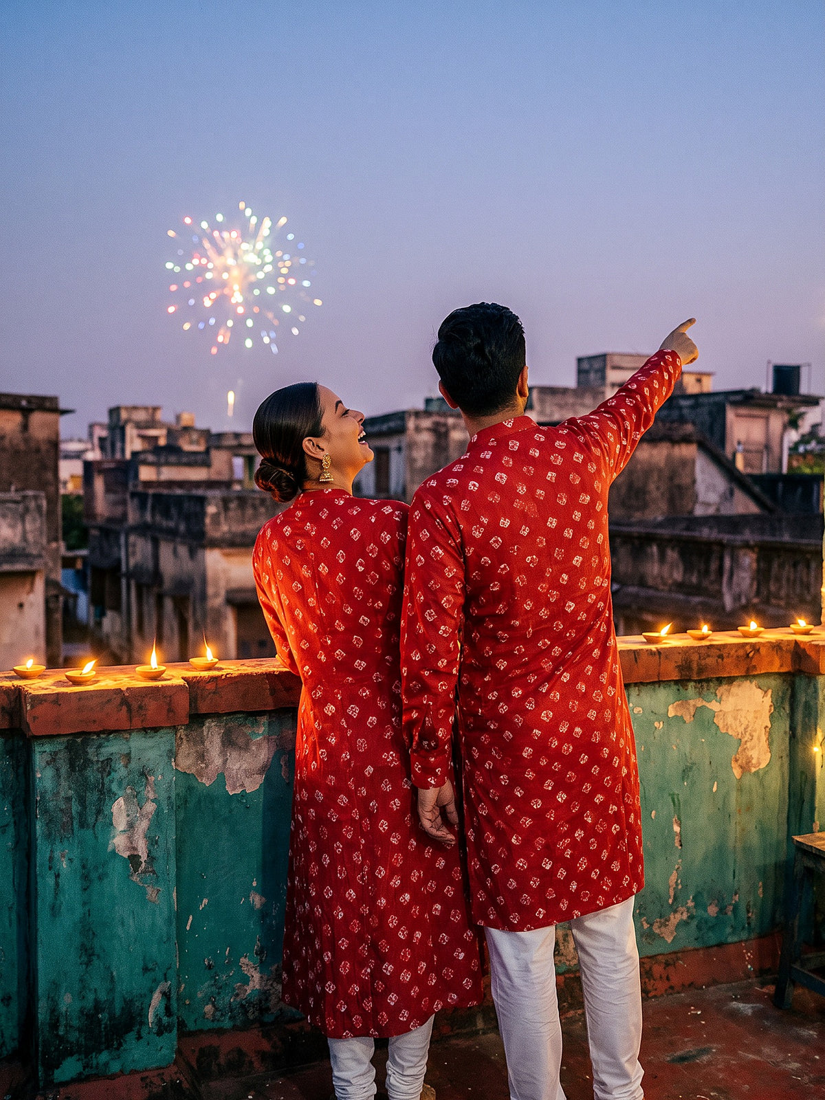 Red Bandhani Jodi couple back view