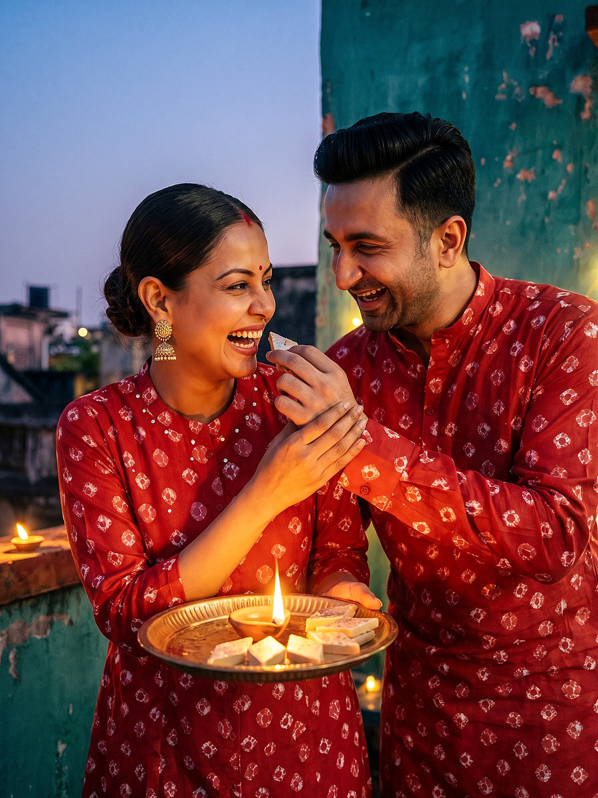 Red Bandhani Jodi couple print close-up