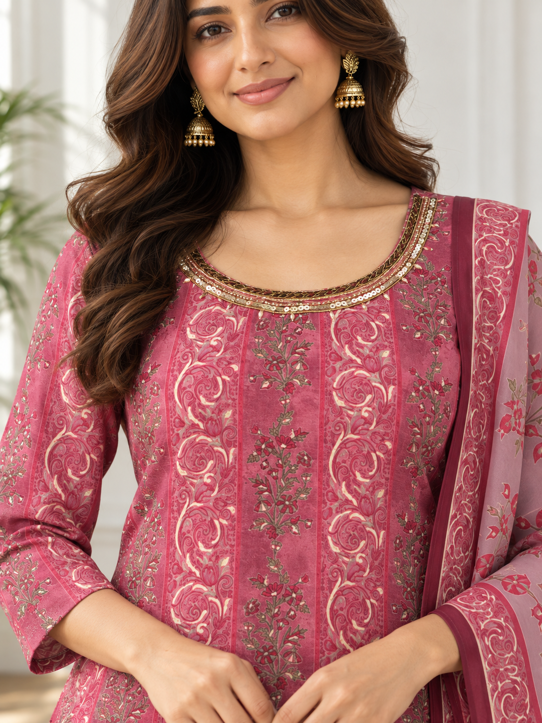 Princess Magenta Paisley-Inspired Printed 3-Piece Kurti Set