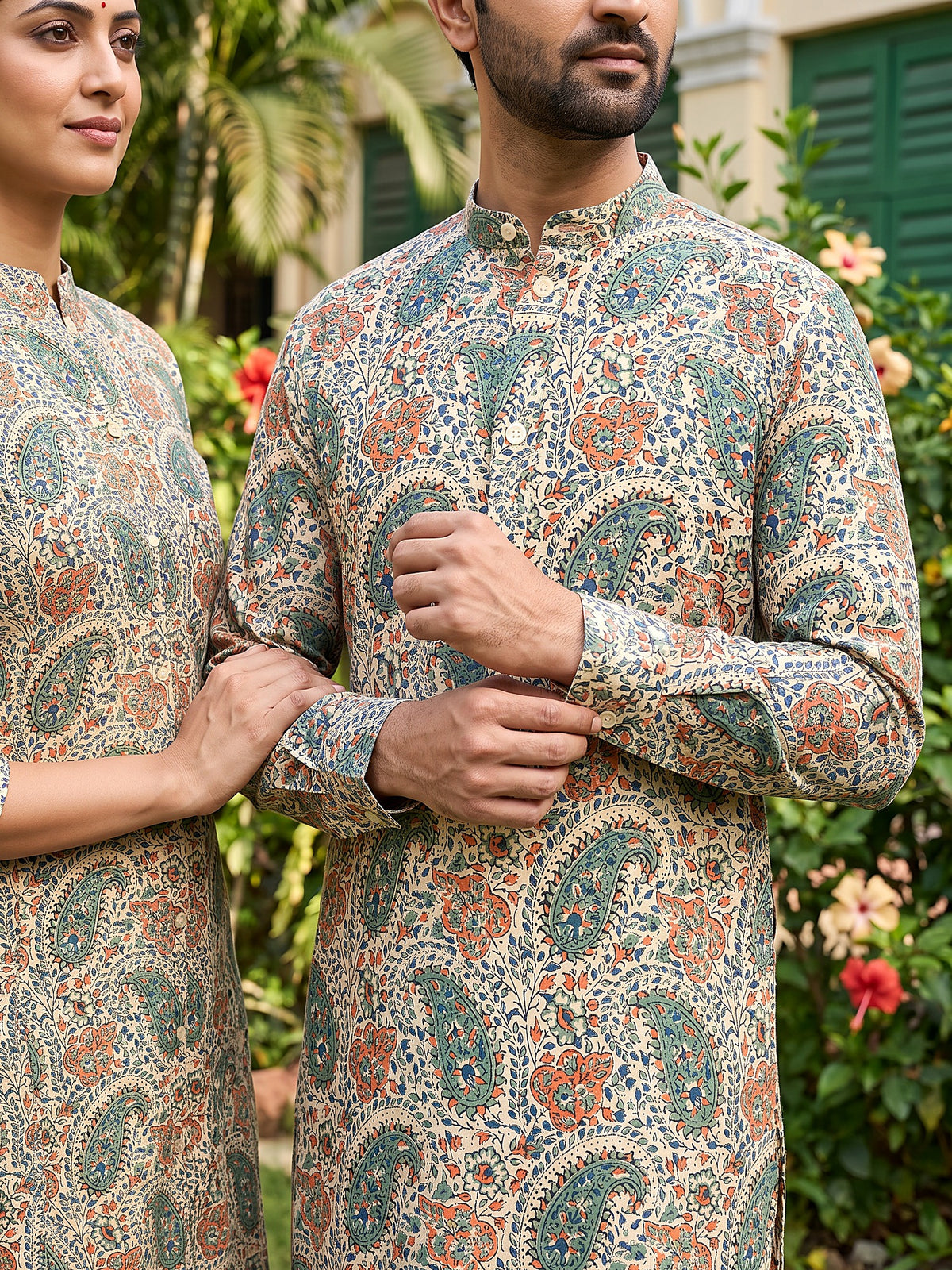 Jodi Collection by Gatim off-white paisley couple kurta set, cuff detail