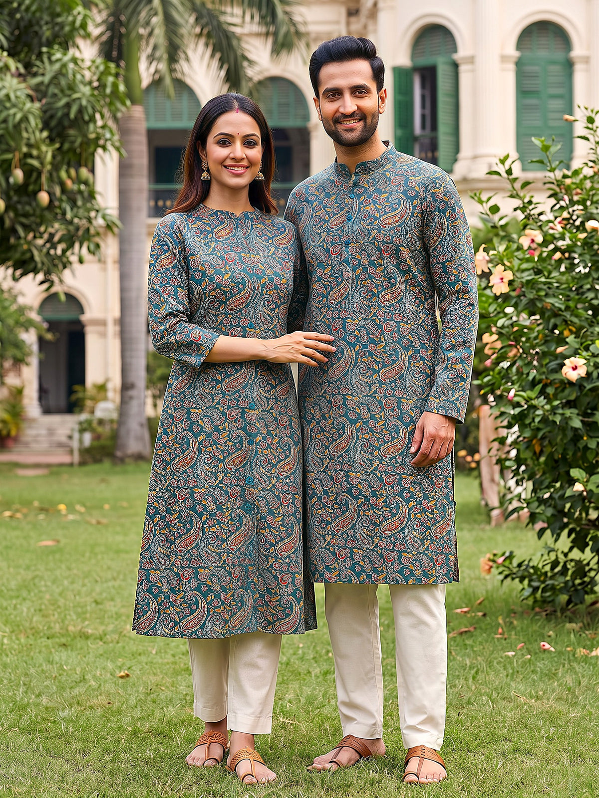Jodi Collection by Gatim teal blue paisley couple kurta set, front