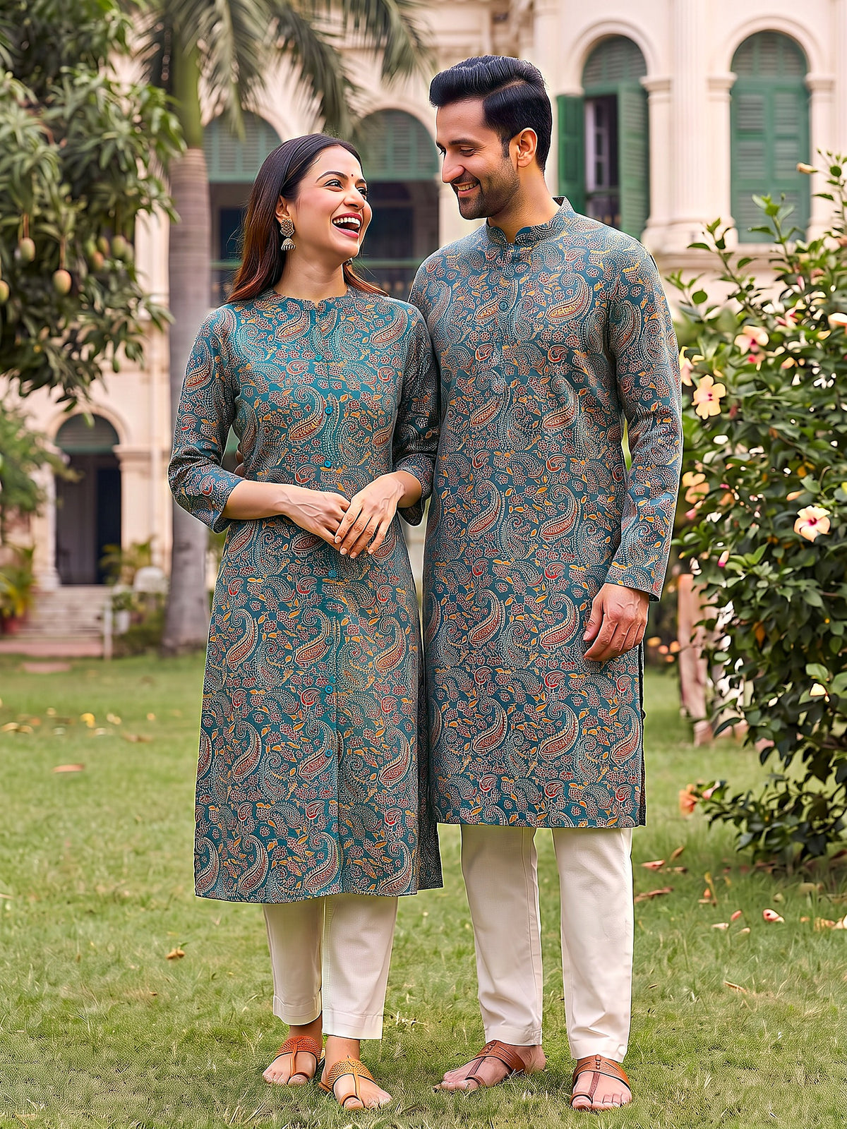 Jodi Collection by Gatim teal blue paisley couple kurta set, candid
