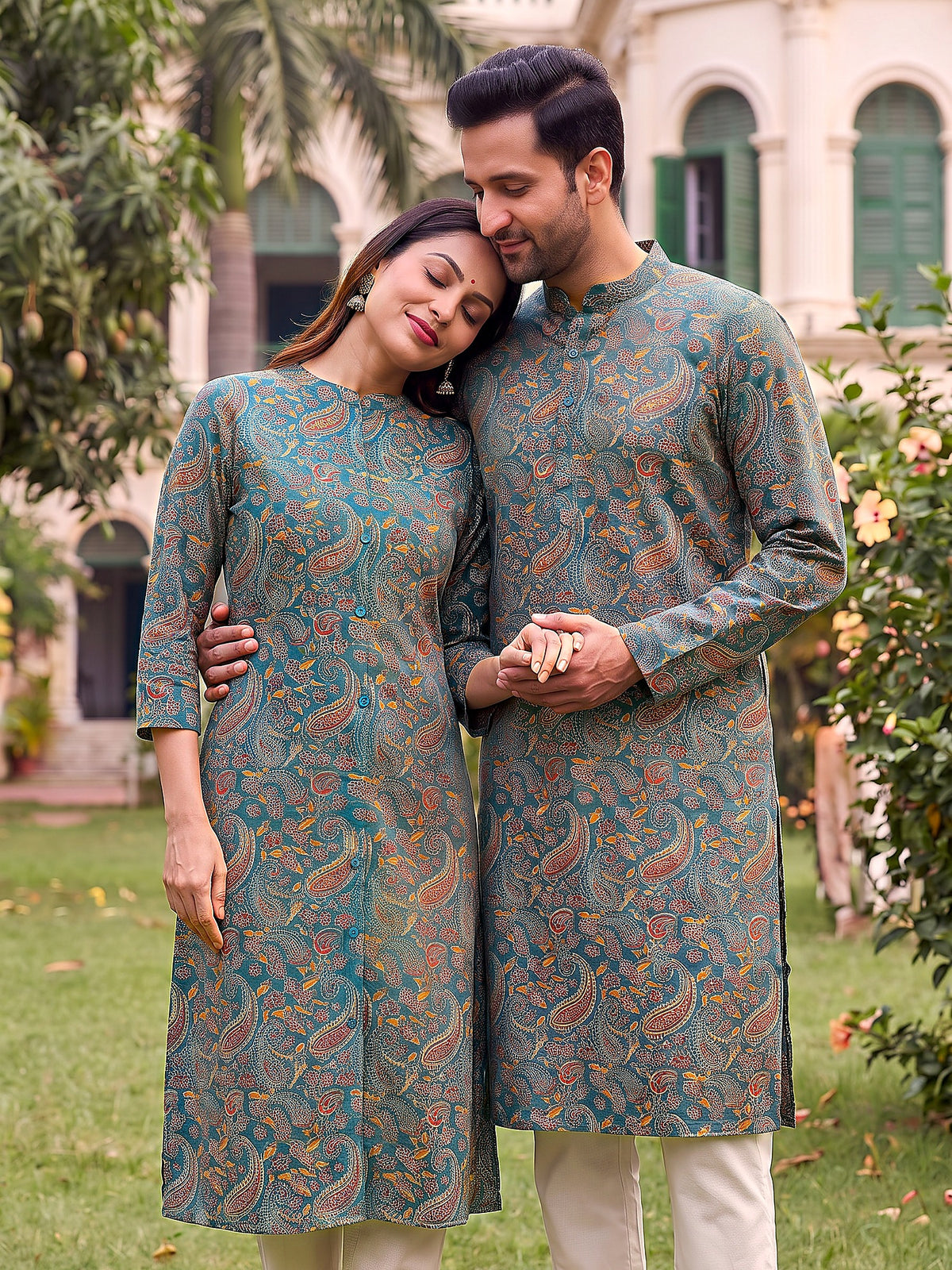Jodi Collection by Gatim teal blue paisley couple kurta set, together