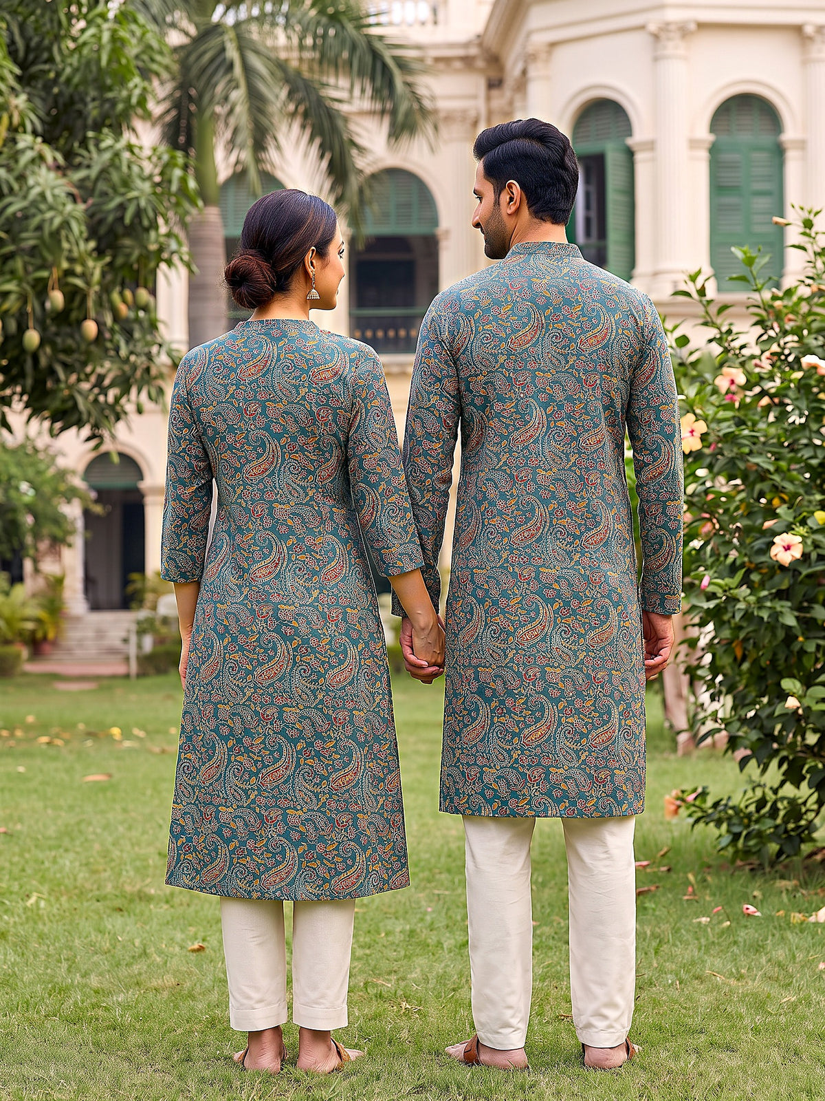 Jodi Collection by Gatim teal blue paisley couple kurta set, back view