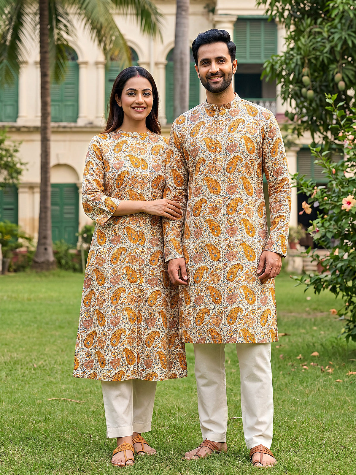 Jodi Collection by Gatim mustard yellow kalamkari paisley couple kurta set, front view