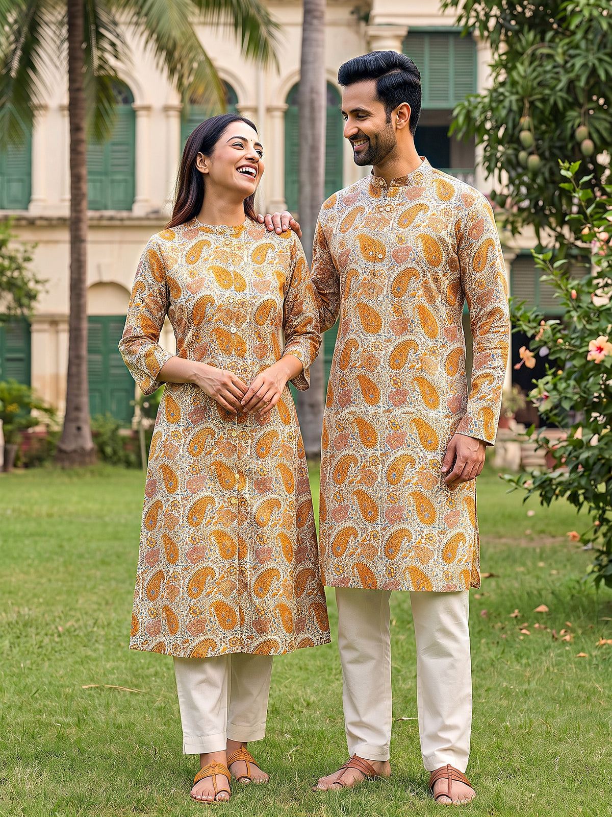 Jodi Collection by Gatim mustard yellow kalamkari paisley couple kurta set, candid