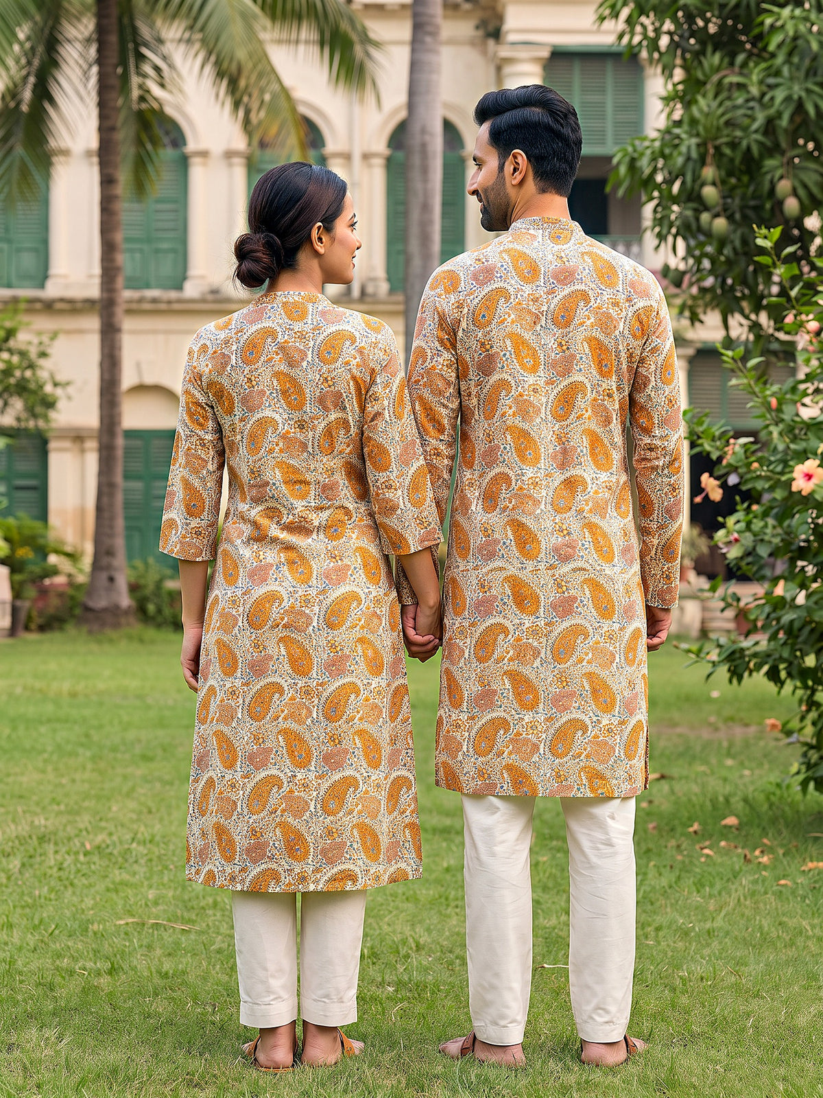 Jodi Collection by Gatim mustard yellow kalamkari paisley couple kurta set, back view