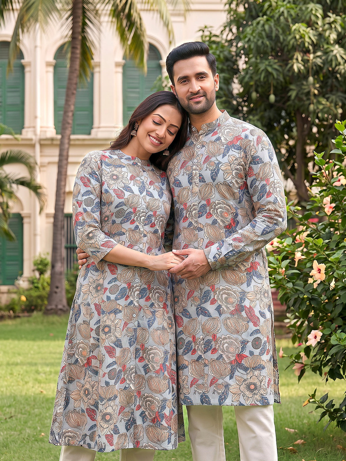 Jodi Collection by Gatim grey floral couple kurta set, together