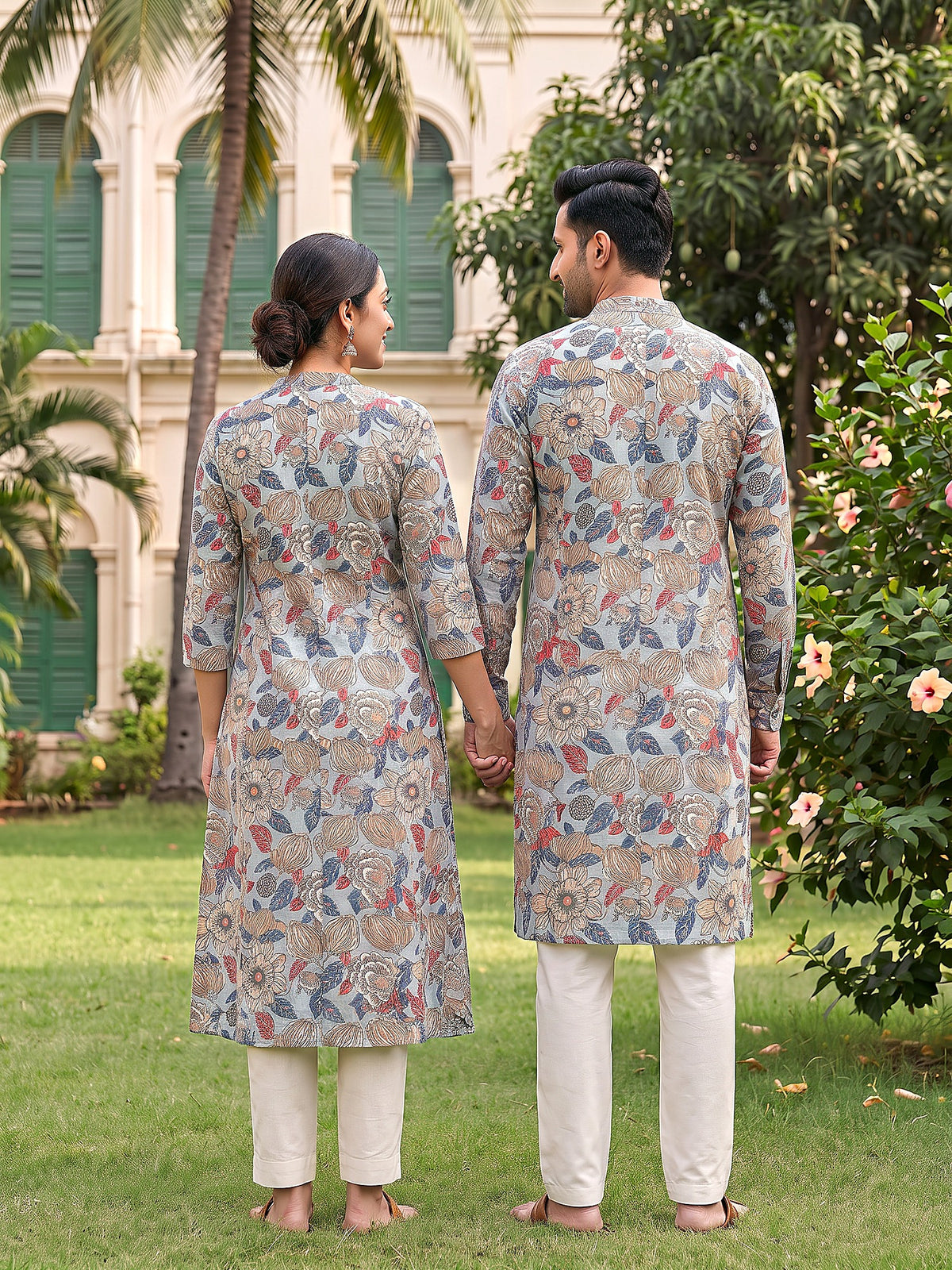 Jodi Collection by Gatim grey floral couple kurta set, back view