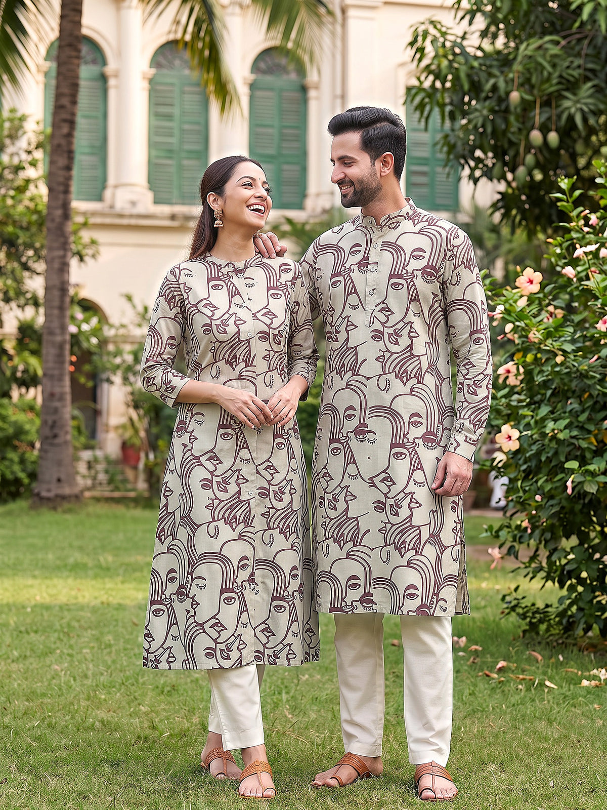 Jodi Collection by Gatim maroon abstract face art couple kurta set, candid